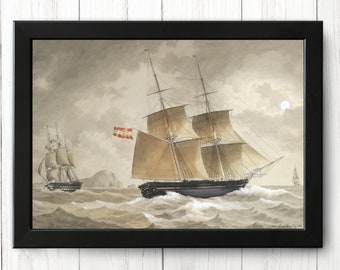 May include: A watercolor painting of two ships sailing on a cloudy day. The larger ship has a red, white, and blue flag flying from its mast. The smaller ship is in the background. The painting is framed in a black frame.
