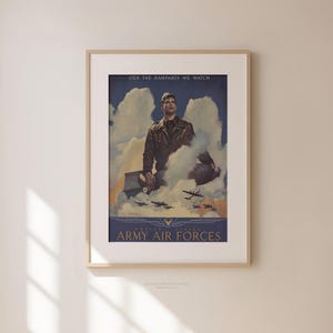 Vintage WWII pilot poster featuring a fighter pilot holding a bomb, with planes flying below and dramatic clouds in the background.