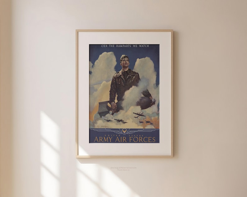 Vintage WWII pilot poster featuring a fighter pilot holding a bomb, with planes flying below and dramatic clouds in the background.