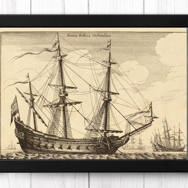 Dutch warship by Wenceslas Hollar (1600s), Vintage Ship Print, A4 - Single Print P010 - INSTANT DOWNLOAD