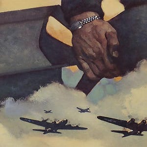 Close-up view of the WWII pilot poster, highlighting the intricate details of the fighter pilot and bomber planes.