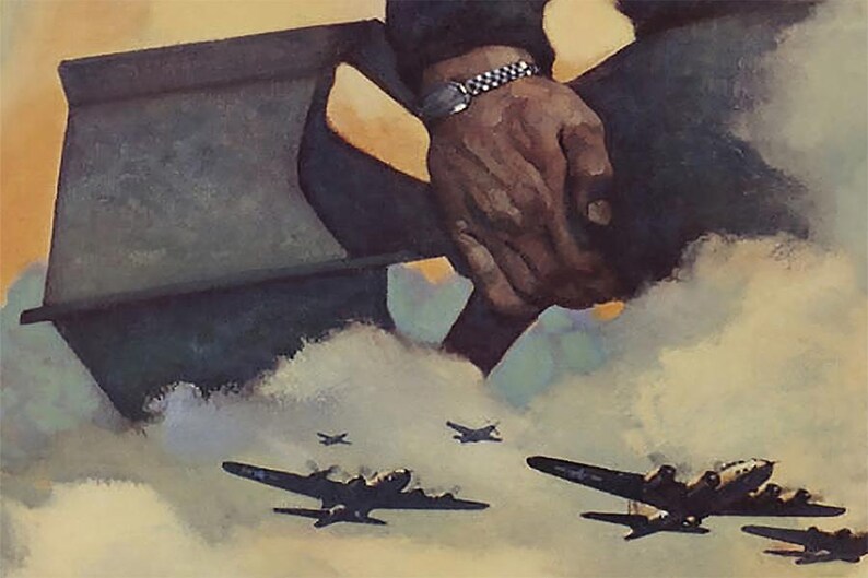 Close-up view of the WWII pilot poster, highlighting the intricate details of the fighter pilot and bomber planes.