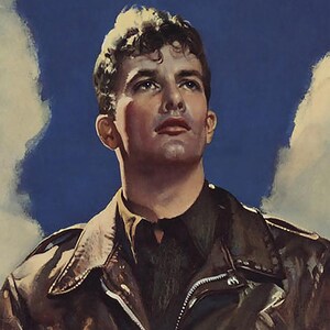 Detailed image of the WWII pilot poster focusing on the colors and texture of the vintage print.