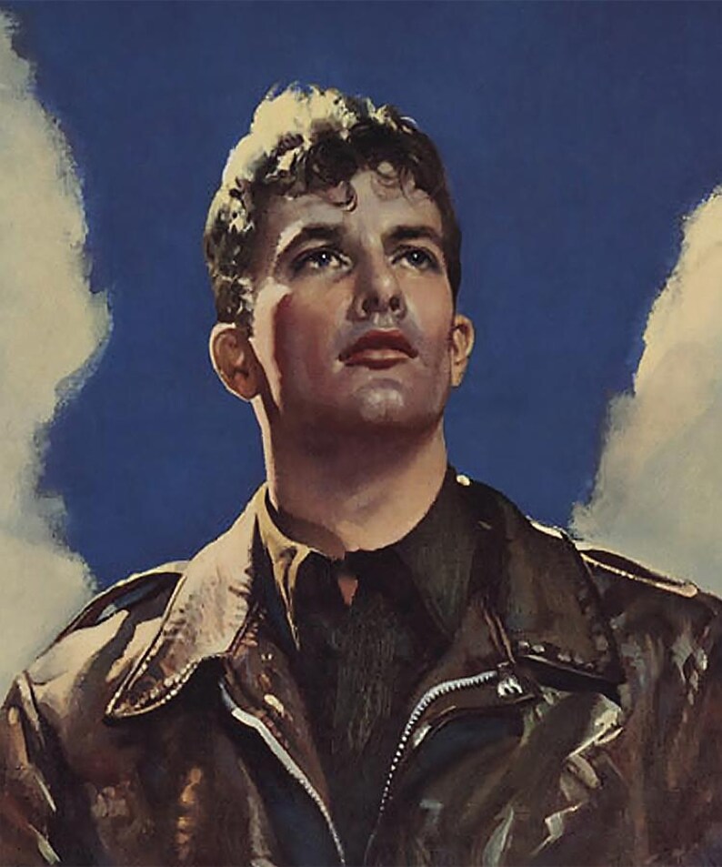 Detailed image of the WWII pilot poster focusing on the colors and texture of the vintage print.