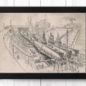 Puede incluir: Un dibujo a lápiz en blanco y negro de un submarino que se está construyendo en un dique seco. El submarino está parcialmente sumergido y está siendo sostenido por vigas de madera. Hay varios trabajadores visibles alrededor del submarino.