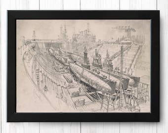 Submarines in drydock, Vintage Ship Print, A4 - Single Print M010 - INSTANT DOWNLOAD