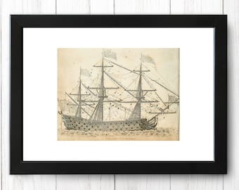 May include: A black and white vintage illustration of a large sailing ship with multiple masts and sails. The ship is surrounded by a light brown background.