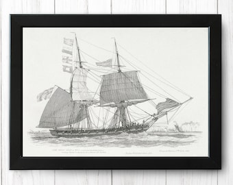 May include: A black and white engraving of a ship with sails billowing in the wind. The ship is sailing on a calm sea. The engraving is titled "The Great Britain, built at Birkenhead, for the Cunard Company, and making her first voyage to America, in the year 1845."