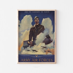 Full view of the WWII pilot poster showing a dynamic scene of a pilot with a bomb, set against a dramatic sky with aircraft in the distance.