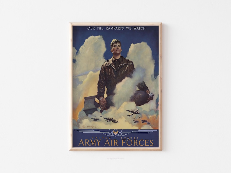 Full view of the WWII pilot poster showing a dynamic scene of a pilot with a bomb, set against a dramatic sky with aircraft in the distance.