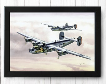 Par de aviones bombarderos pesados B24 Liberator en vuelo, Vintage Aircraft Print, A4 - Poster - Single Print AP15 - DESCARGA INSTANTÁNEA