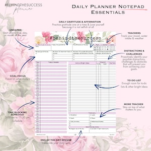 May include: A daily planner notepad with a floral design. The planner includes sections for gratitude, affirmations, mood tracking, and a to-do list. It features time blocking from 3:00 to 23:30 and goal focus sections.