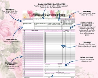 May include: A daily planner notepad with a floral design. The planner includes sections for gratitude, affirmations, mood tracking, and a to-do list. It features time blocking from 3:00 to 23:30 and goal focus sections.