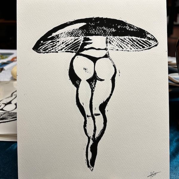 Mystical Mushroom Woman Linocut Print | Nature-Inspired 8x10 Artwork on Acid-Free Paper