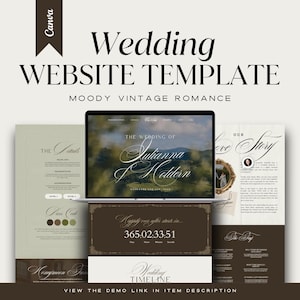 Puede incluir: Una plantilla de sitio web de bodas con un tema de romance vintage melancólico. El diseño incluye un ordenador portátil que muestra un sitio web de bodas, junto con elementos de papelería coordinados. El sitio web muestra el texto "The Wedding of Julianna Holden".