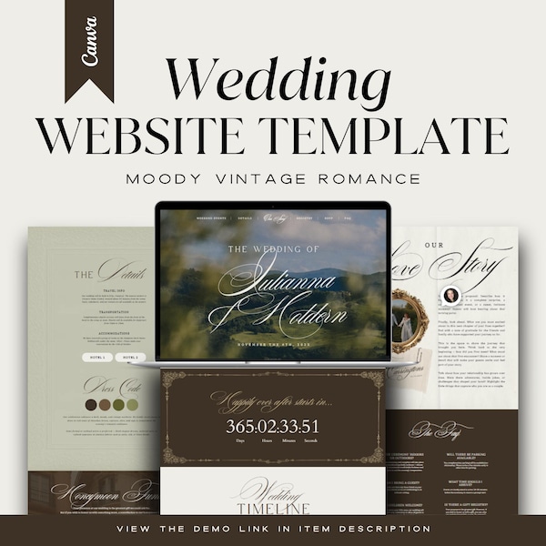 Moody Vintage Romance Wedding Website Template, Editable Wedding Web Invitation, Elegant Online RSVP, Old Money Aesthetic Website Canva DIY