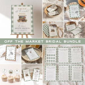 Fresh Off The Market Bridal Shower Template Bundle, Farmers Market Bridal Shower Games, Engagement Party Decor, Green Plaid Editable Canva