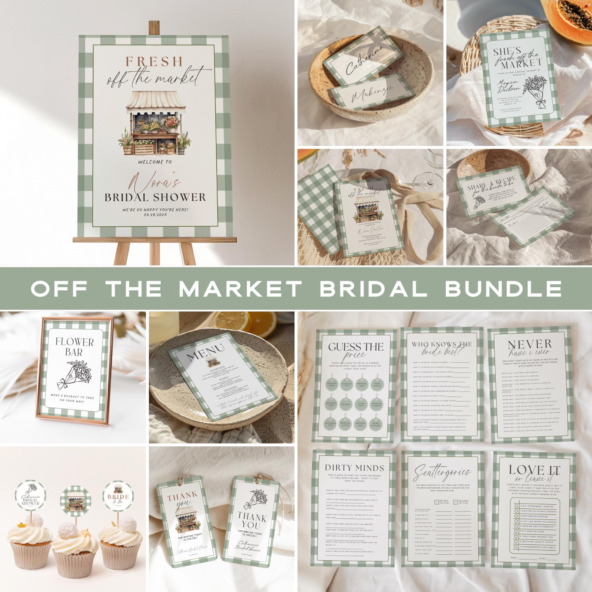 Fresh Off The Market Bridal Shower Template Bundle, Farmers Market Bridal Shower Games, Engagement Party Decor, Green Plaid Editable Canva