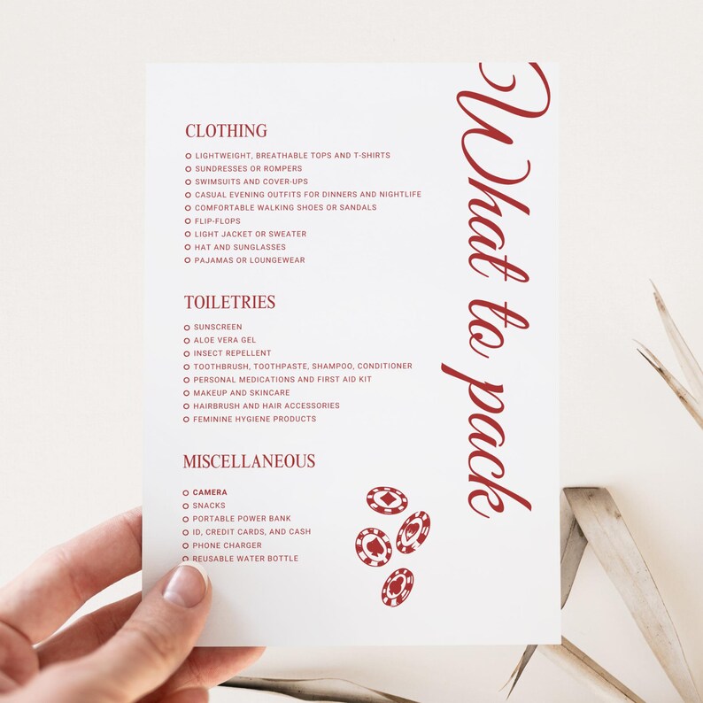 May include: A white checklist with red text titled "What to pack" with a list of items to bring for a trip. The list is divided into three categories: Clothing, Toiletries, and Miscellaneous. The list includes items such as lightweight tops, sunscreen, insect repellent, snacks, and a portable power bank.