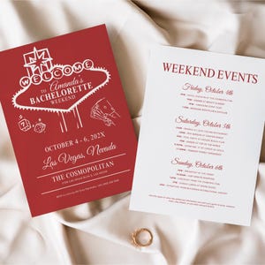 May include: Red and white invitation for a bachelorette party in Las Vegas. The invitation features a stylized illustration of the "Welcome to Fabulous Las Vegas" sign with dice and playing cards. The text reads "Welcome to Amanda's Bachelorette Weekend, October 4-6, 202X, Las Vegas, Nevada, The Cosmopolitan". The back of the invitation lists the weekend events.