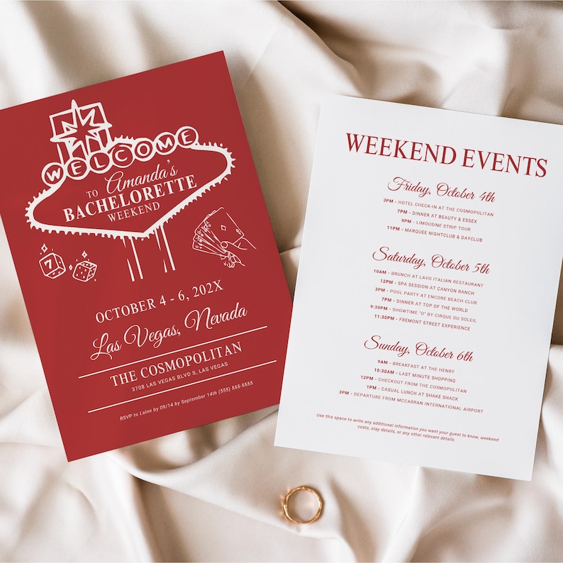May include: Red and white invitation for a bachelorette party in Las Vegas. The invitation features a stylized illustration of the "Welcome to Fabulous Las Vegas" sign with dice and playing cards. The text reads "Welcome to Amanda's Bachelorette Weekend, October 4-6, 202X, Las Vegas, Nevada, The Cosmopolitan". The back of the invitation lists the weekend events.