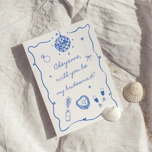 Plantilla de tarjeta de propuesta de dama de honor dibujada a mano, ¿Serás mi dama de honor?, Tarjetas de propuesta de dama de honor con moño, Propuesta de dama de honor, Champán
