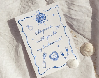 Hand Drawn Bridesmaid Proposal Card Template, Will You Be My Bridesmaid, Bow Bridesmaid Proposal Cards, Maid of Honor Proposal, Champagne