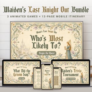Op de afbeelding: Maiden's Last Knight Out bundel met 3 geanimeerde spellen en een mobiele reisroute van 13 pagina's. De digitale schermen tonen middeleeuwse graphics met sierlijke bloemenranden, kasteelillustraties en tekst zoals Who's Most Likely To?