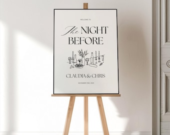 Hand Drawn Rehearsal Dinner Welcome Sign Template, The Night Before, Retro Vintage Wedding Signage, Rehearsal Dinner Sign Canva