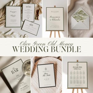 May include: An olive green and cream wedding stationery bundle. The set includes invitations, RSVP cards, a welcome sign, bar menu, and seating chart. The text includes "Genevieve & Charles", "Save The Date", and "Please Find Your Seat".