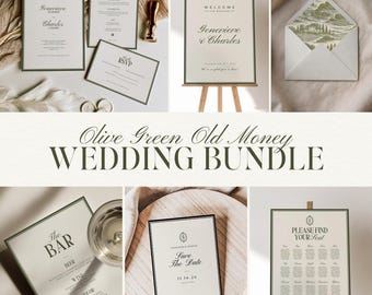 Olive Green Old Money Wedding Stationery Bundle, Elegant Ceremony Signs, Luxury Canva Templates, Complete Celebration Set