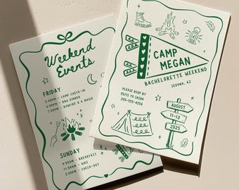 May include: Two cream-colored invitation cards with green illustrations and text. One card says "Weekend Events" and lists activities. The other card says "Camp Megan Bachelorette Weekend" with a camp-themed design, RSVP information, and the date.