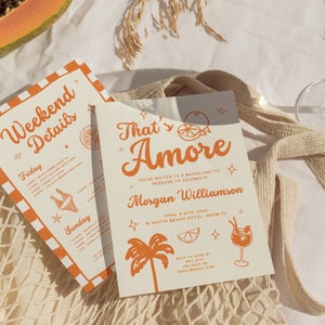 Orange That's Amore Bachelorette Party Invitation, Travel Itinerary and Packing List, Beach Bachelorette, Aperol Spritz, Diy Canva Template