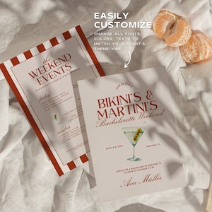 May include: A printable invitation for a bachelorette weekend with the text "Bikini's & Martini's Bachelorette Weekend" and the date "April 4-8, 2023". The invitation features a martini glass with olives and a red and white striped background.