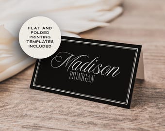 Black & Ivory Wedding Place Cards Template, Elegant Escort Cards, Printable Wedding Name Cards, Classic Wedding Table Setting