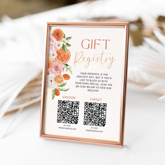 Watercolor Citrus Floral Gift Registry Sign, Editable QR Code
