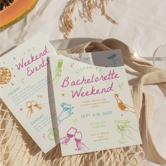 Colorful Bachelorette Weekend Itinerary, Hand Drawn Bachelorette Party Invitation, Funky Bachelorette Itinerary, DIY Editable Canva Template