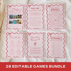 Wavy Bridal Shower Games Template, Pink and Red Wedding Shower Games, Printable Party Games, Wedding Games DIY, Editable Bachelorette Games