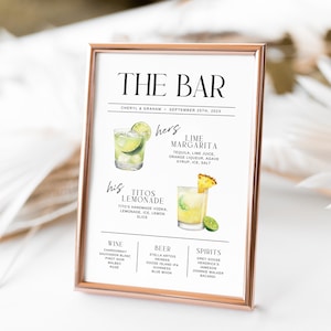 His and Her Drinks Template, Editable Signature Drink Sign, Modern Wedding Cocktail Menu, Signature Cocktail Bar Menu Sign Printable Canva