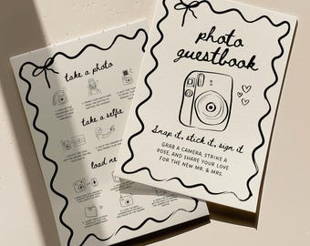 Whimsical Photo Guest Book Sign Template, Instant Camera Instructions Sign, Wavy Border Wedding Sign, Editable Canva Template