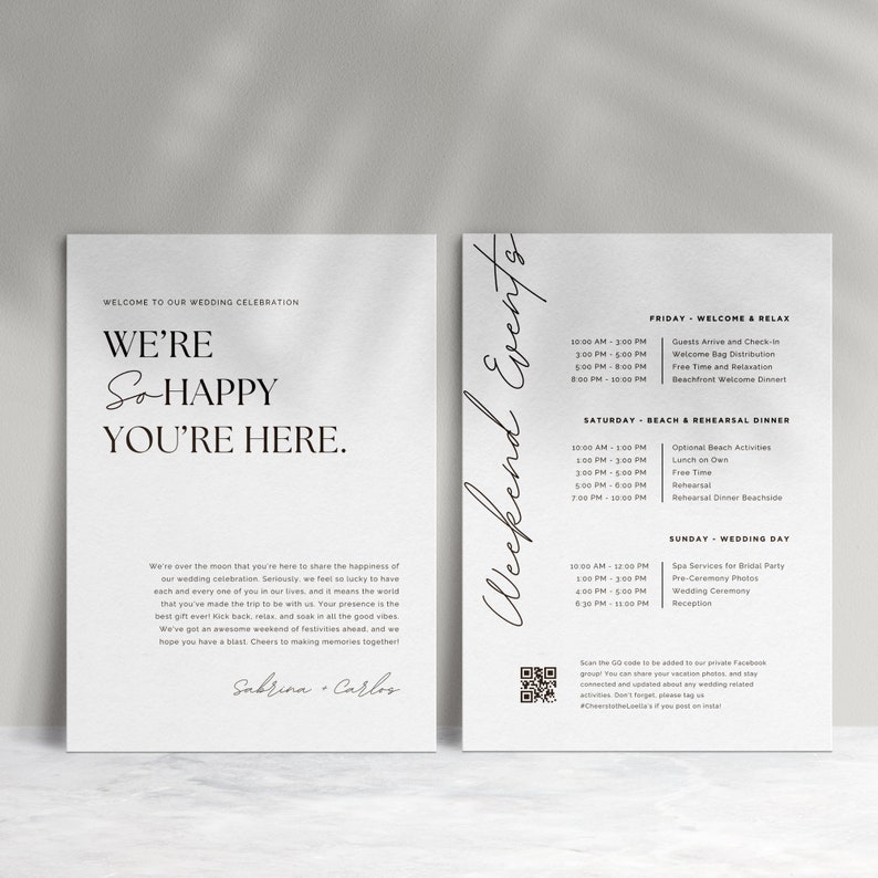 May include: A black and white wedding weekend schedule with a QR code. The schedule lists events for Friday, Saturday, and Sunday. The text reads "Weekend Events", "Friday - Welcome & Relax", "Saturday - Beach & Rehearsal Dinner", and "Sunday - Wedding Day".