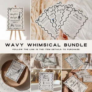 May include: A set of printable engagement party decorations with a wavy, whimsical design. The set includes a welcome sign, bar menu, place cards, and games like "Mad Libs" and "Dirty M".