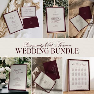 Może przedstawiać: Zestaw bordowych i kremowych papeterii ślubnych. Zawiera zaproszenia, karty RSVP i plan stołów. Widoczny jest tekst "Burgundy Old Money WEDDING BUNDLE".