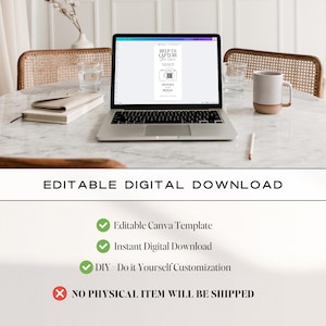 May include: A laptop displays a digital wedding invitation template with the text "Help Us Capture the Love." The image also includes a mug, a notebook, and a pen on a marble table. The words "Editable Digital Download" are at the bottom.