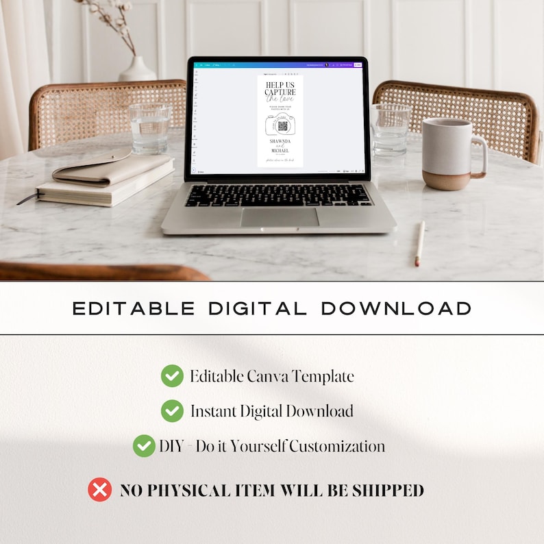 May include: A laptop displays a digital wedding invitation template with the text "Help Us Capture the Love." The image also includes a mug, a notebook, and a pen on a marble table. The words "Editable Digital Download" are at the bottom.