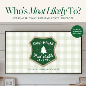 以下が含まれることがあります： 「Who's Most Likely To?」と「Camp Megan」のテキストが入ったデジタルテンプレート。緑と白のチェック柄の背景に、「Most eligible CAMPERS」と書かれたバッジが特徴です。200個の追加の質問が含まれています。