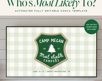 Camp Bachelorette Most Likely To Game Canva Template, Gender Swap Animated Party Game, Camp Bach Weekend Game, Funny Bridal Shower Game