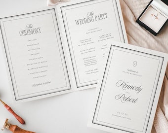 Old Money Wedding Program Template, Black Ivory Ceremony Order Service (Canva Editable)