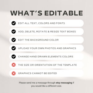 May include: A checklist of what is editable and what is not editable in a digital template. The editable items include text, colors, fonts, background color, and uploading your own photos and graphics. The non-editable items include the size or orientation of the template and the graphics.