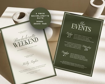 Olive Green Bachelorette Itinerary Template, Elegant Girls Trip Invite (Digital Canva Design)